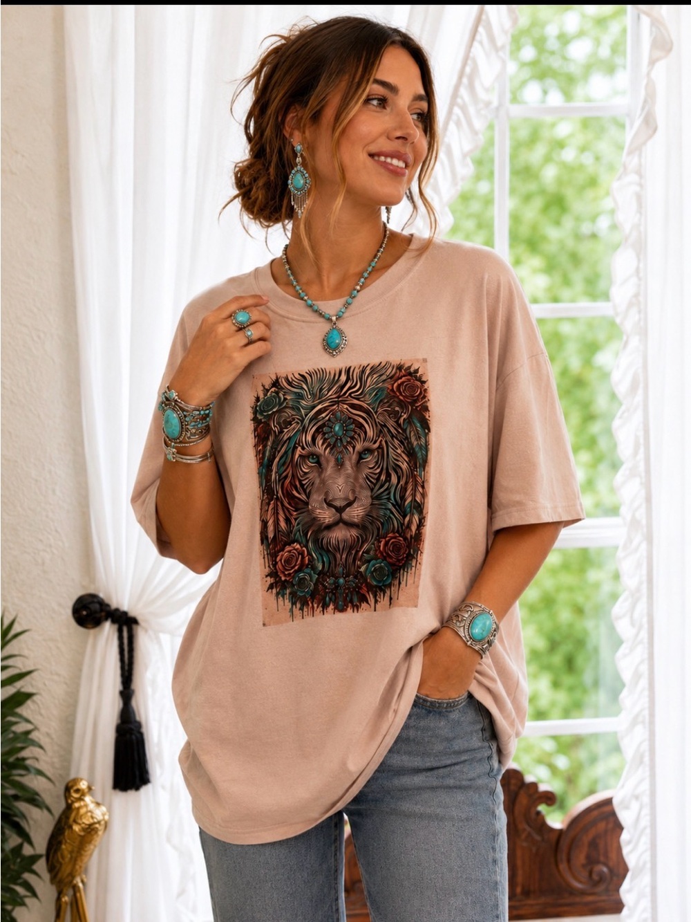 Women's tan colored Short Sleeve Lion Graphic Tee